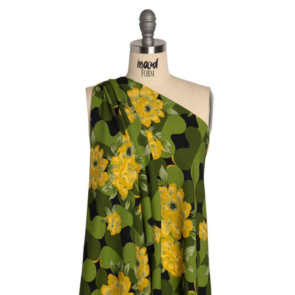 Sustainable Viscose Floral Jacquard Print - Green, Yellow and Black Floral and Abstract - Mood Exclusive Hip Hydrangea Drape