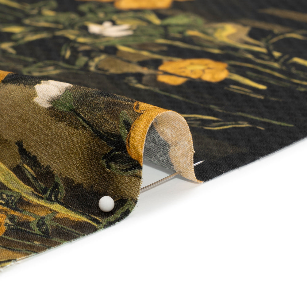 Sustainable Viscose Floral Jacquard Print - Dark Yellow, Olive Green and Black Floral - Mood Exclusive Marsh Song Detail