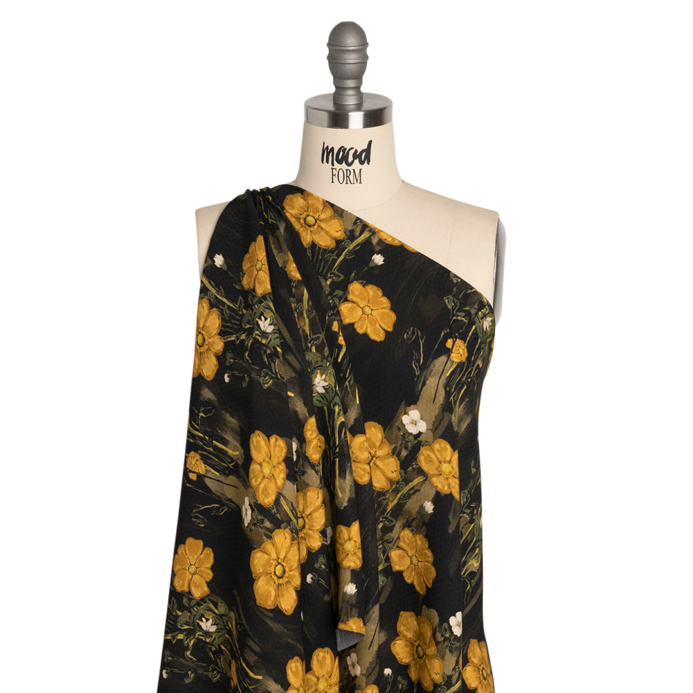 Sustainable Viscose Floral Jacquard Print - Dark Yellow, Olive Green and Black Floral - Mood Exclusive Marsh Song Drape