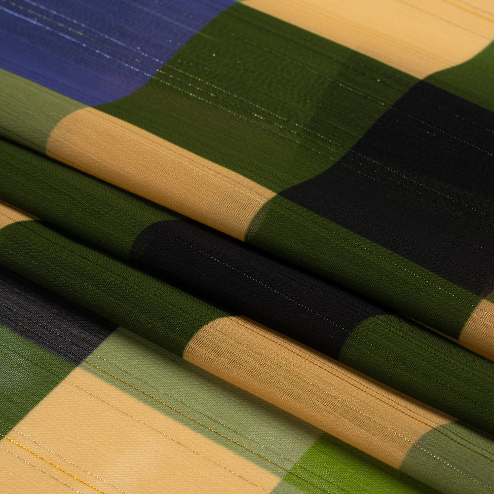 Polyester Chiffon Print with Metallic Pinstripes - Green, Blue and Yellow Plaid - Mood Exclusive Rooks and Bishops Folded