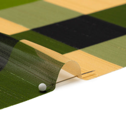 Polyester Chiffon Print with Metallic Pinstripes - Green, Blue and Yellow Plaid - Mood Exclusive Rooks and Bishops Detail