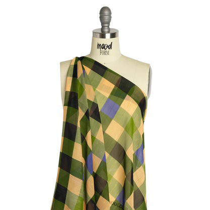 Polyester Chiffon Print with Metallic Pinstripes - Green, Blue and Yellow Plaid - Mood Exclusive Rooks and Bishops Drape