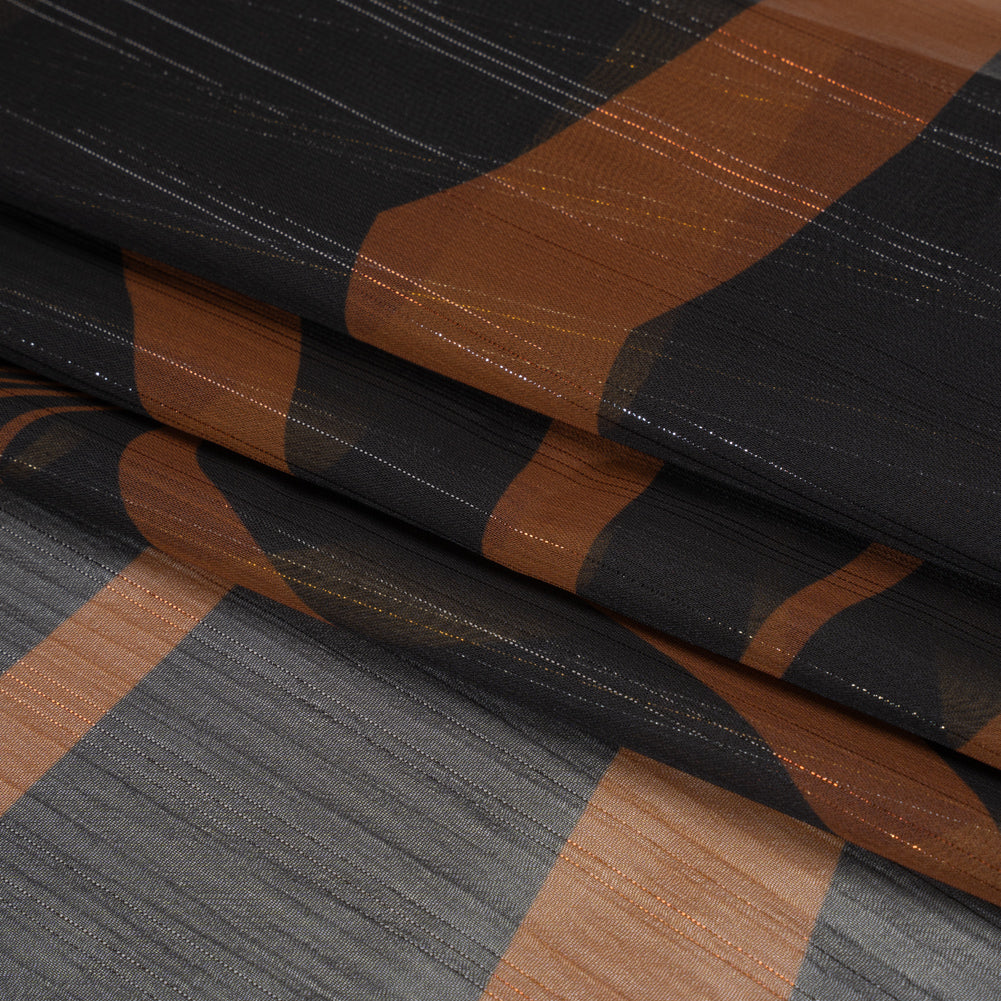 Polyester Chiffon Print with Metallic Pinstripes - Chocolate Brown and Black Abstract - Mood Exclusive Fondue Funhouse Folded