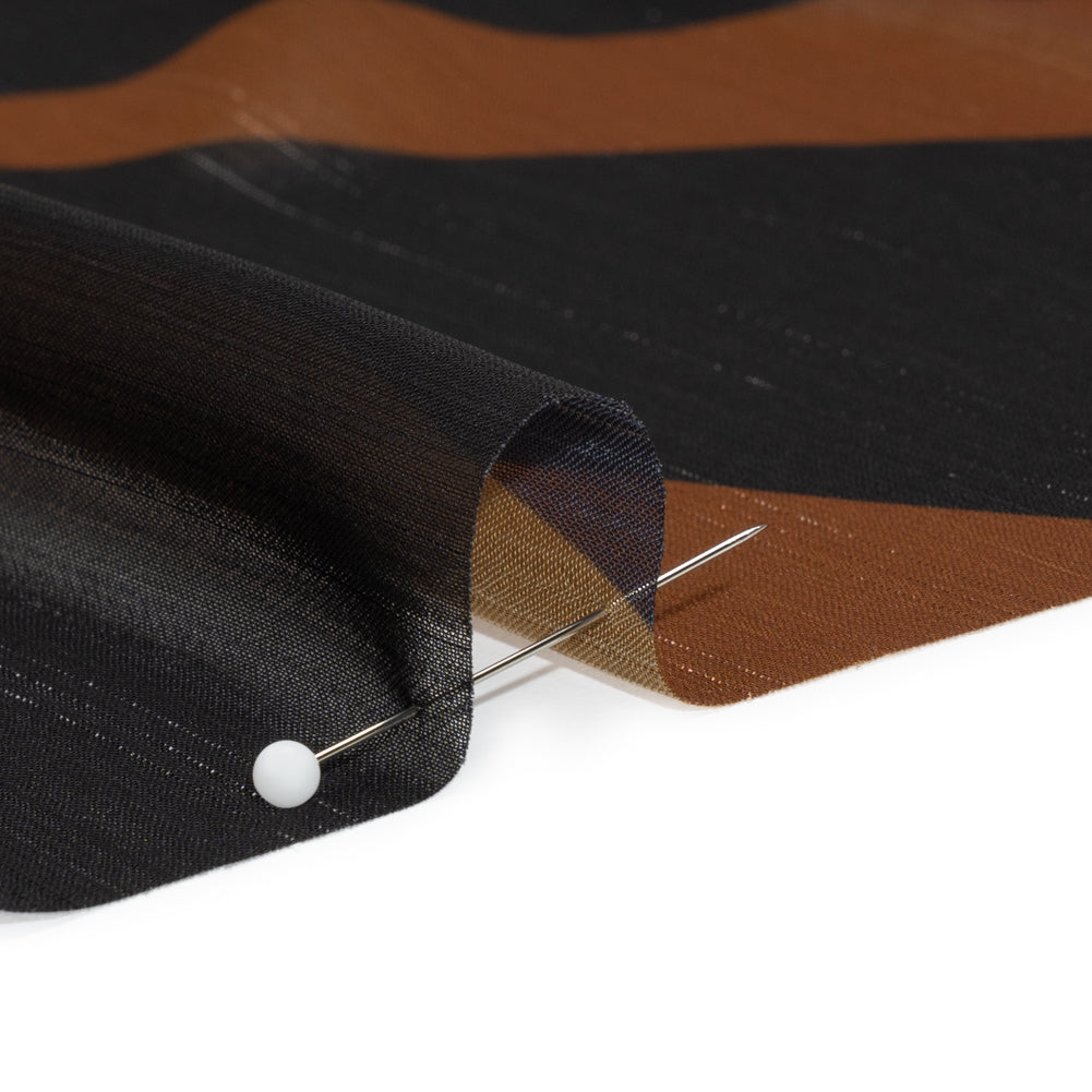 Polyester Chiffon Print with Metallic Pinstripes - Chocolate Brown and Black Abstract - Mood Exclusive Fondue Funhouse Detail