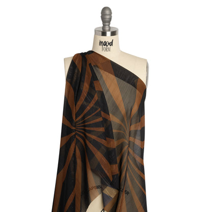 Polyester Chiffon Print with Metallic Pinstripes - Chocolate Brown and Black Abstract - Mood Exclusive Fondue Funhouse Drape