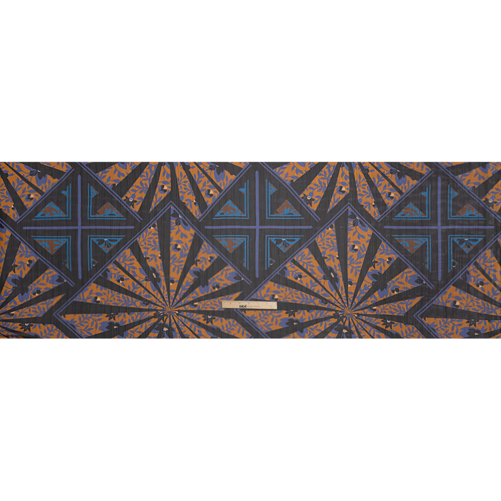 Polyester Chiffon Print with Metallic Pinstripes - Orange, Blue and Black Floral and Geometric - Mood Exclusive Through the Pane Full