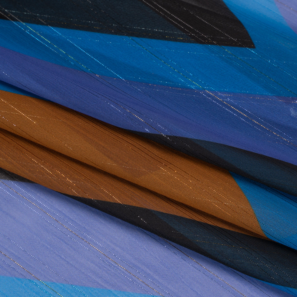 Polyester Chiffon Print with Metallic Pinstripes - Purple, Brown and Blue Diamonds - Mood Exclusive Purely Prismatic Folded
