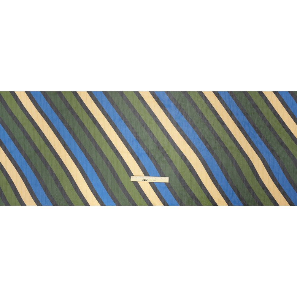 Polyester Chiffon Print with Metallic Pinstripes - Blue and Green Diagonal Stripes - Mood Exclusive Seemingly Slanted Full