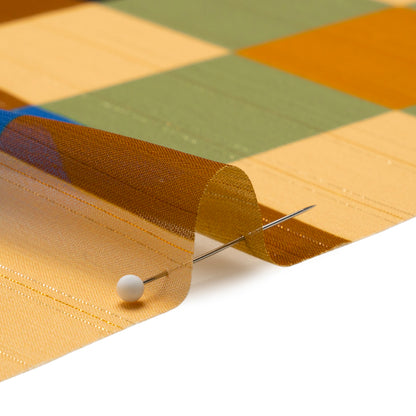 Polyester Chiffon Print with Metallic Pinstripes - Brown, Green and Yellow Plaid - Mood Exclusive Rooks and Bishops Detail