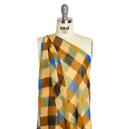 Polyester Chiffon Print with Metallic Pinstripes - Brown, Green and Yellow Plaid - Mood Exclusive Rooks and Bishops Drape