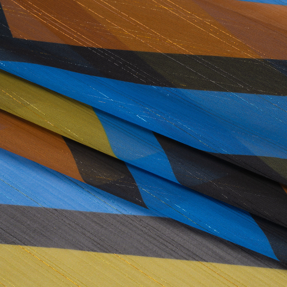 Polyester Chiffon Print with Metallic Pinstripes - Green, Blue and Brown Diamonds - Mood Exclusive Purely Prismatic Folded