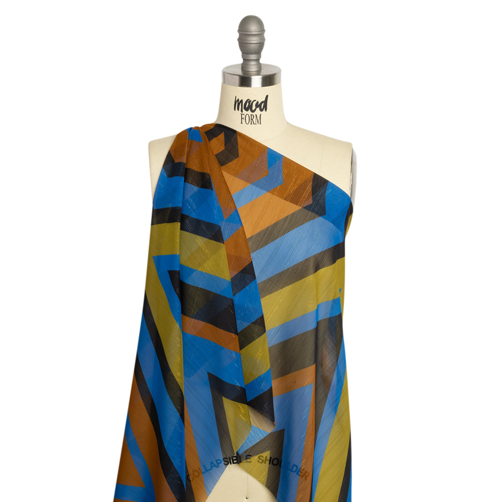 Polyester Chiffon Print with Metallic Pinstripes - Green, Blue and Brown Diamonds - Mood Exclusive Purely Prismatic Drape