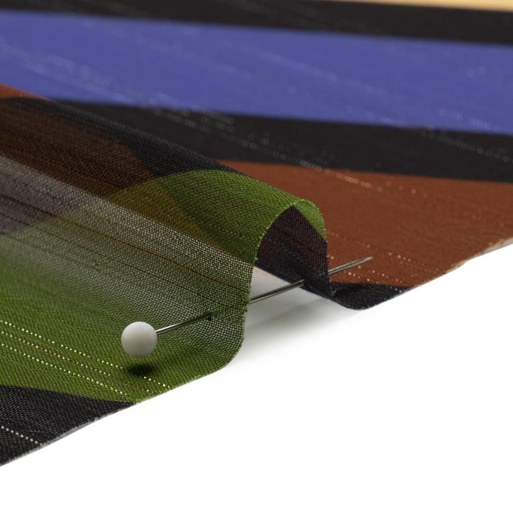 Polyester Chiffon Print with Metallic Pinstripes - Brown, Green and Purple Diagonal Stripes - Mood Exclusive Seemingly Slanted Detail