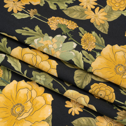 Cotton Poplin Print - Black and Yellow Floral - Mood Exclusive Glorious Gardens Folded