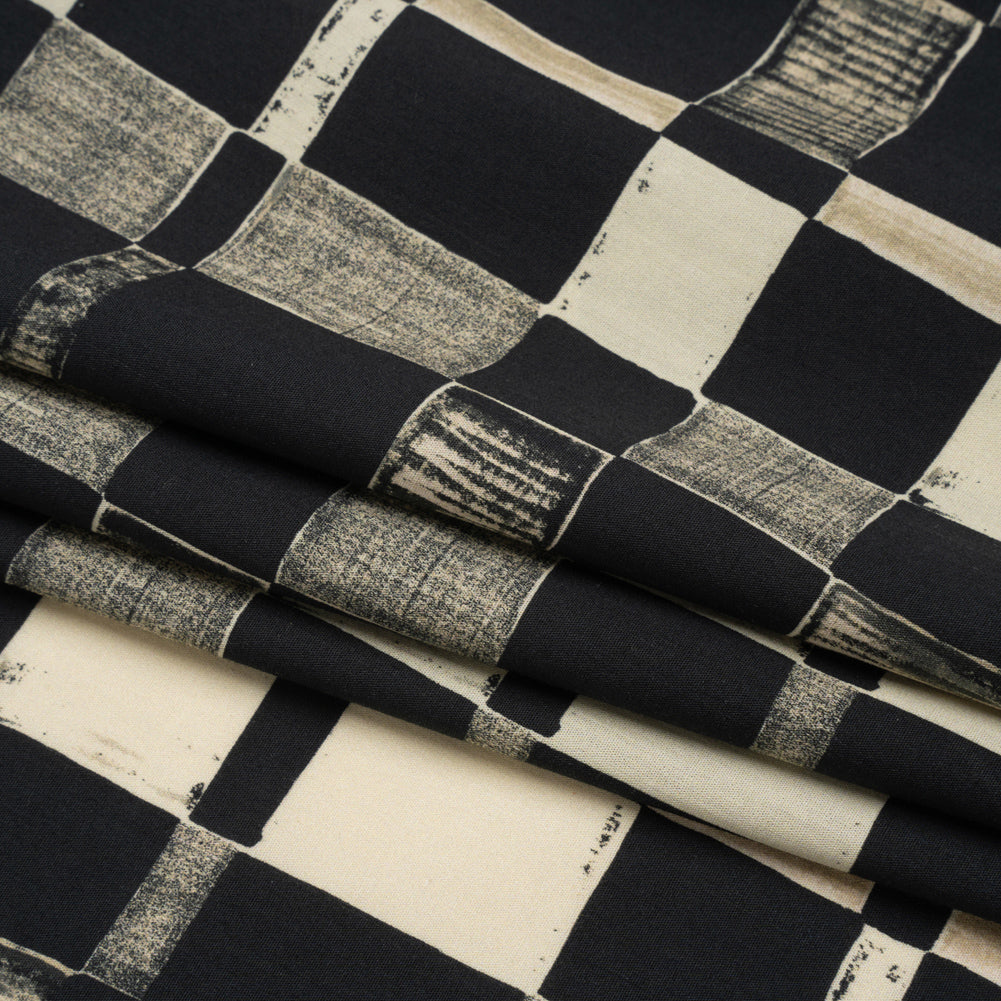 Cotton Poplin - Black and Cream Checks - City Blocked Print - Mood Exclusive Metro Collection Folded