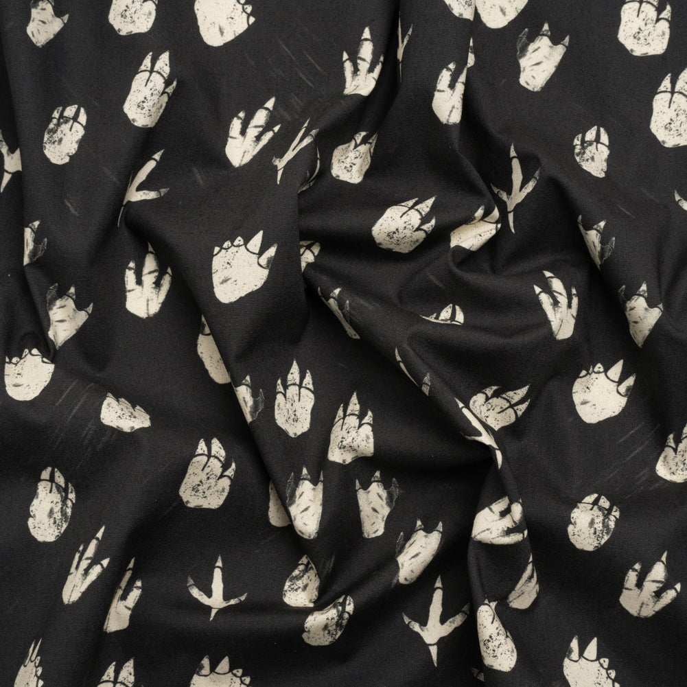 Stretch Cotton Poplin Print - Black Dinosaur Footprints - Mood Exclusive Jurassic Jubilee