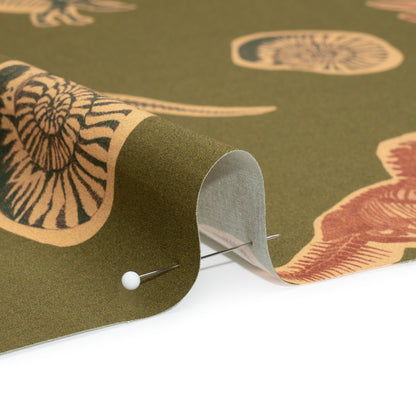 Stretch Cotton Poplin Print - Olive, Navy and Rust Dinosaur Bones and Fossils - Mood Exclusive Discovery Dig Detail
