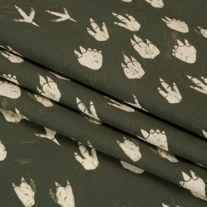Stretch Cotton Poplin Print - Dark Olive Dinosaur Footprints - Mood Exclusive Jurassic Jubilee Folded