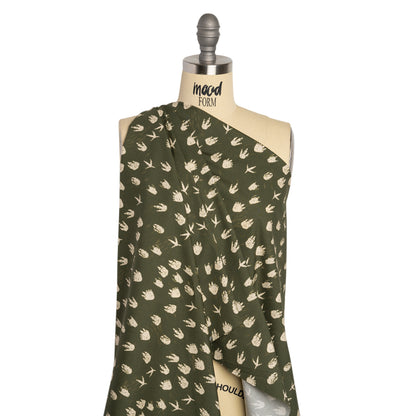 Stretch Cotton Poplin Print - Dark Olive Dinosaur Footprints - Mood Exclusive Jurassic Jubilee Drape