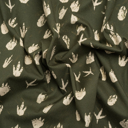 Stretch Cotton Poplin Print - Dark Olive Dinosaur Footprints - Mood Exclusive Jurassic Jubilee