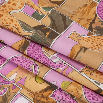 Stretch Cotton Poplin Print - Purple and Orange Big Cats Landscape Patchwork - Mood Exclusive The Meow-ve Desert Folded
