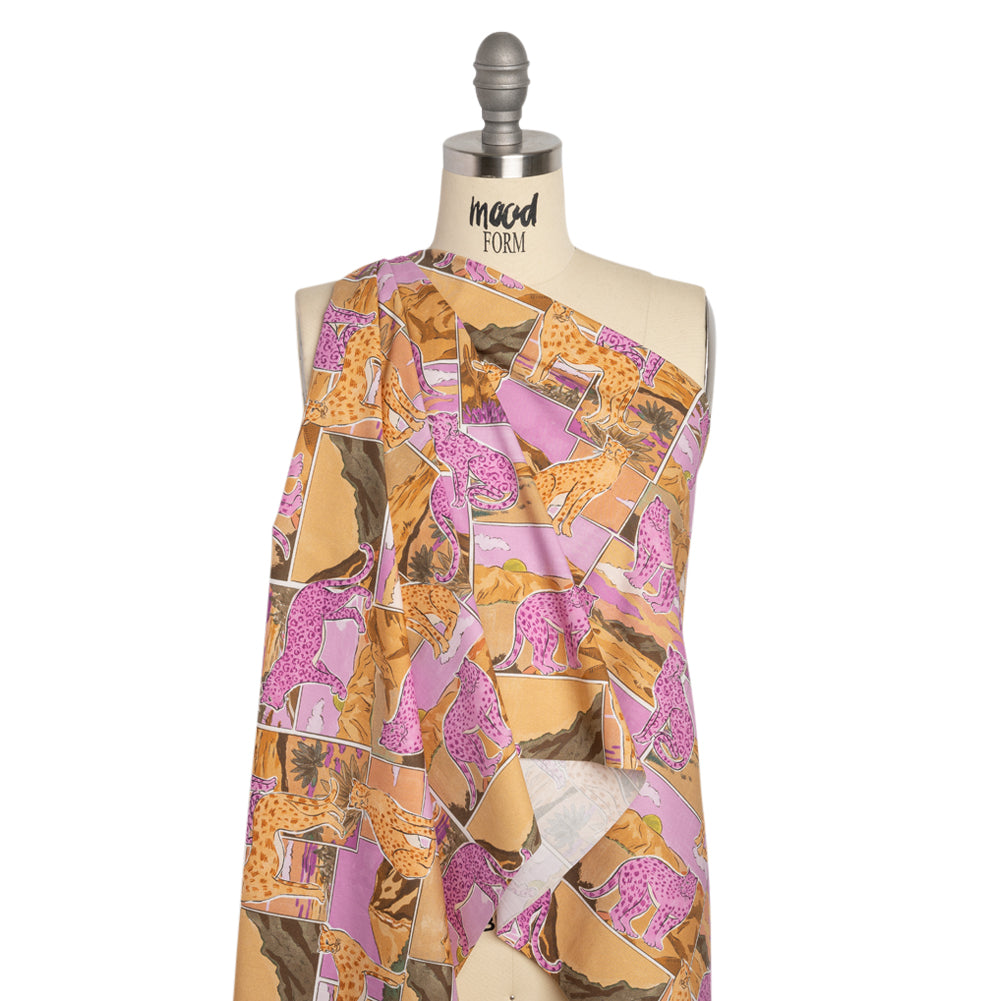 Stretch Cotton Poplin Print - Purple and Orange Big Cats Landscape Patchwork - Mood Exclusive The Meow-ve Desert Drape