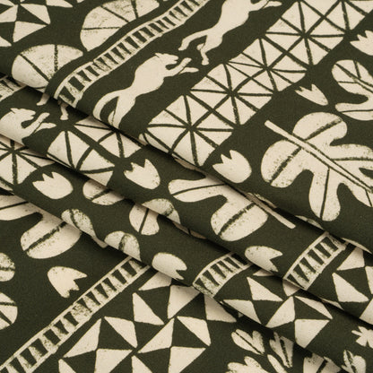 Stretch Cotton Twill Print - Dark Olive Animal, Leaf, and Geometric Stripes - Mood Exclusive Puma Pounce Folded