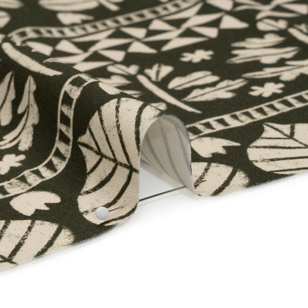 Stretch Cotton Twill Print - Dark Olive Animal, Leaf, and Geometric Stripes - Mood Exclusive Puma Pounce Detail