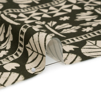 Stretch Cotton Twill Print - Dark Olive Animal, Leaf, and Geometric Stripes - Mood Exclusive Puma Pounce Detail