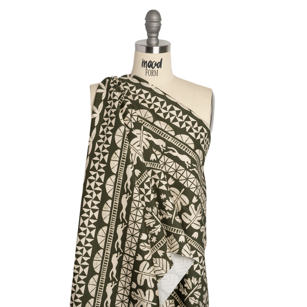 Stretch Cotton Twill Print - Dark Olive Animal, Leaf, and Geometric Stripes - Mood Exclusive Puma Pounce Drape