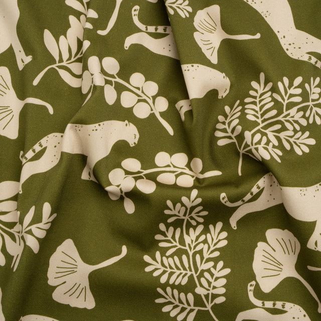 Stretch Cotton Twill Print - Green Big Cats and Leaves - Mood Exclusive Stoic Seer