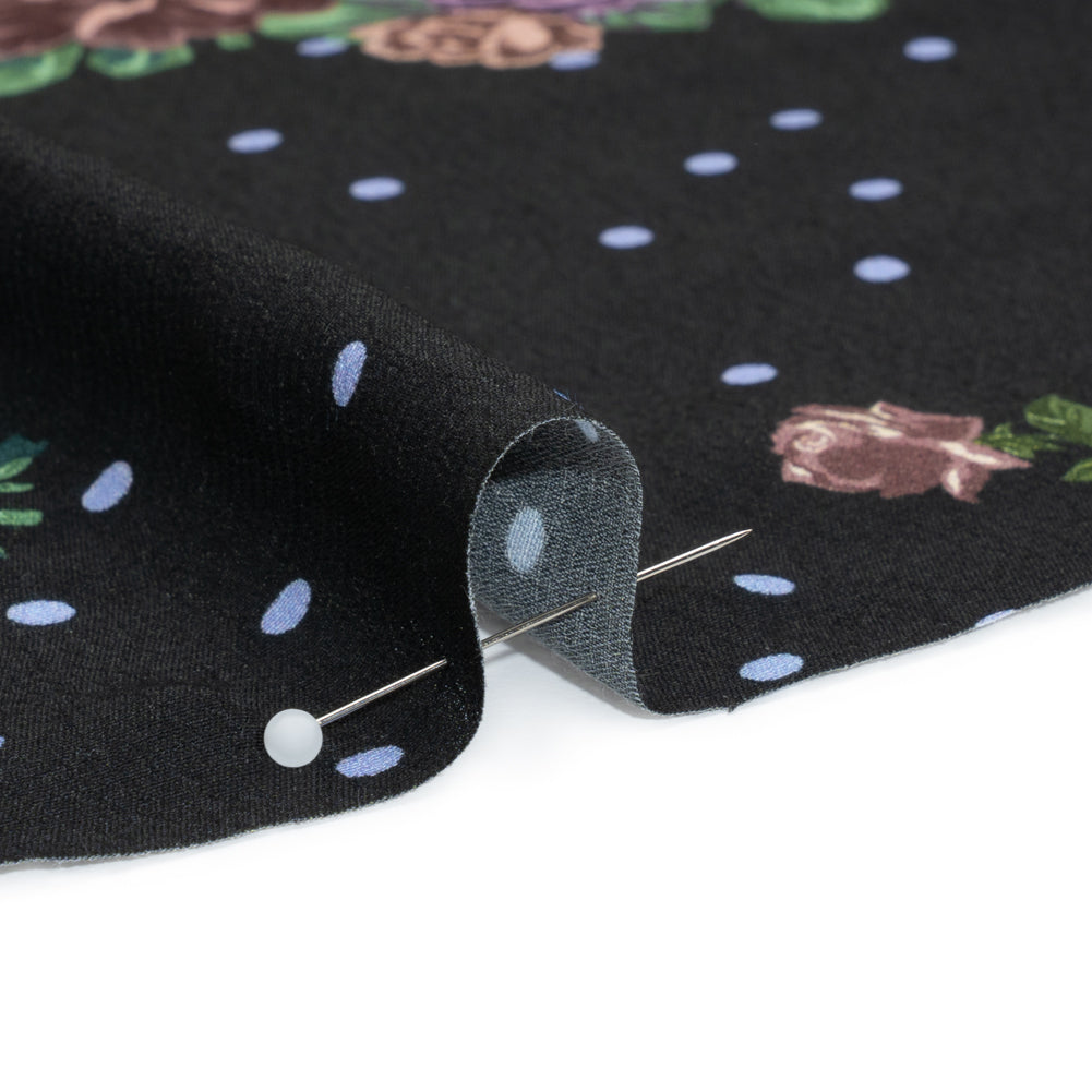 Viscose Crepe Print - Black, Lavender and Rust Red Polka Dots and Florals - Mood Exclusive Bring on Beauty Folded