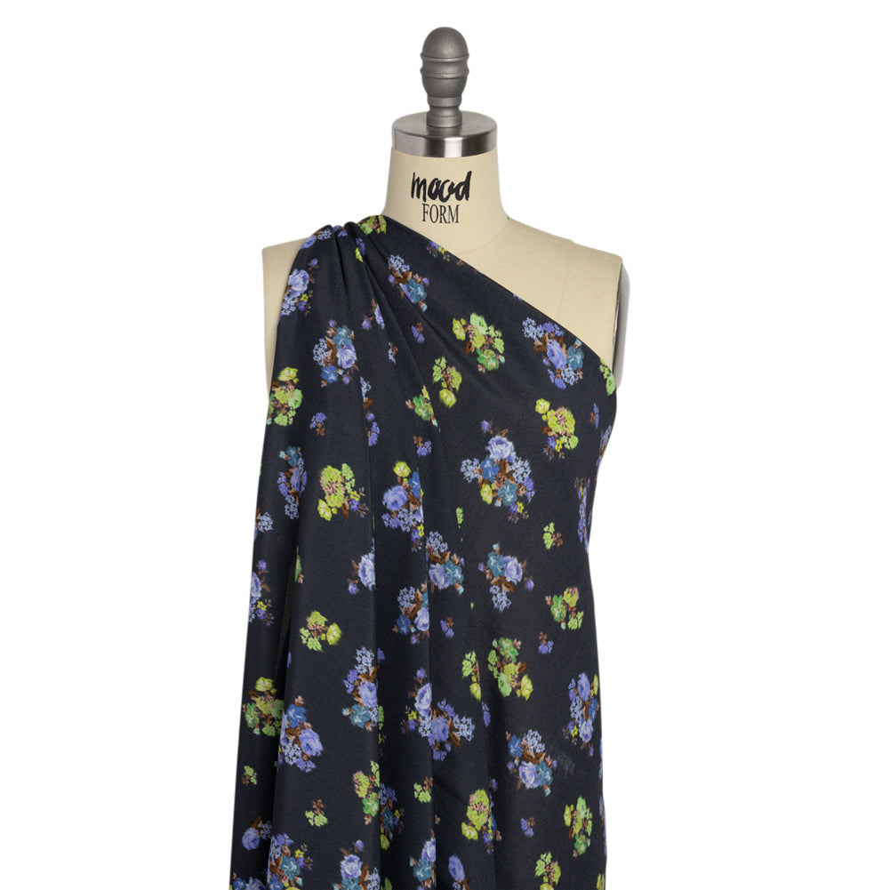 Viscose Crepe Print - Navy, Periwinkle and Lime Green Ikat Floral - Mood Exclusive Rosy Visions Detail
