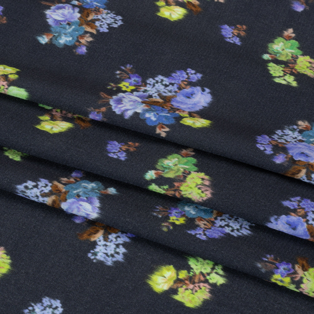 Viscose Crepe Print - Navy, Periwinkle and Lime Green Ikat Floral - Mood Exclusive Rosy Visions Full