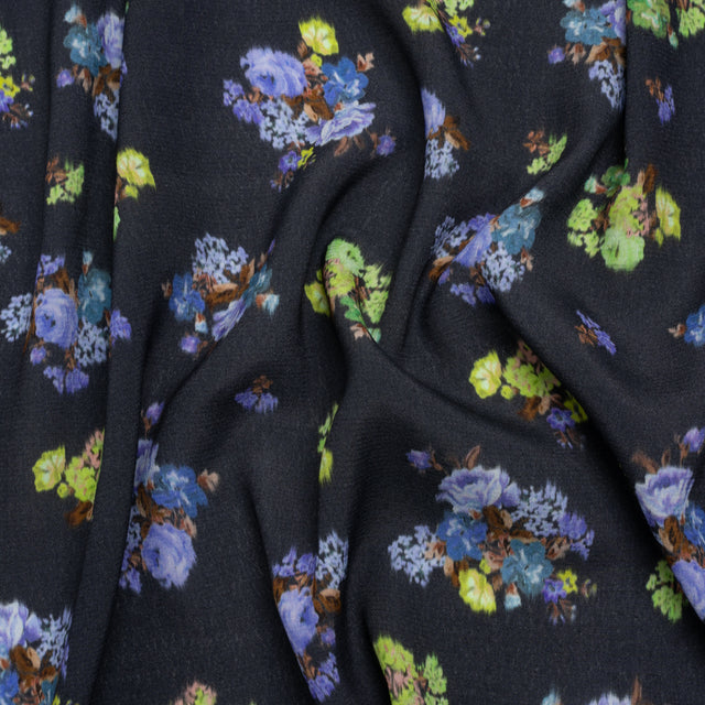 Viscose Crepe Print - Navy, Periwinkle and Lime Green Ikat Floral - Mood Exclusive Rosy Visions