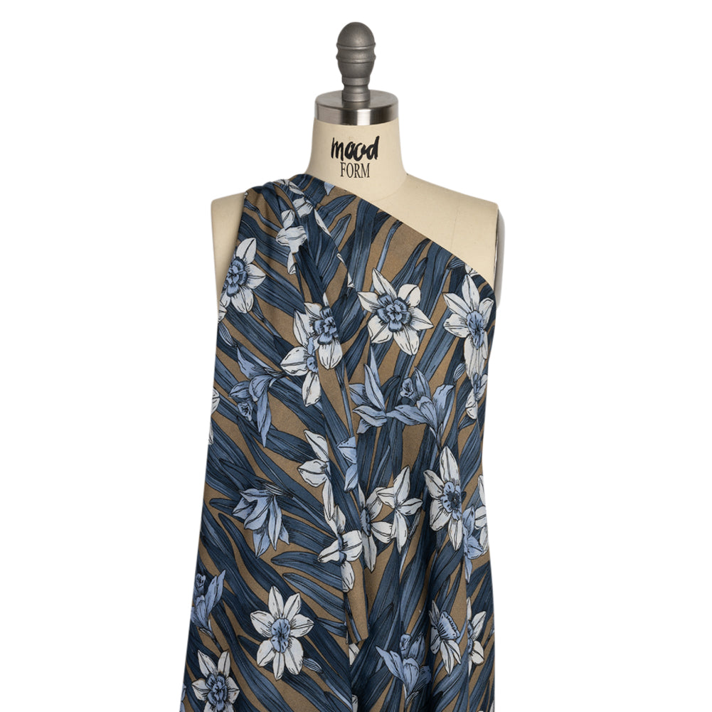 Viscose Crepe Print - Blue and Tan Floral - Mood Exclusive Drenched Daffodils Detail