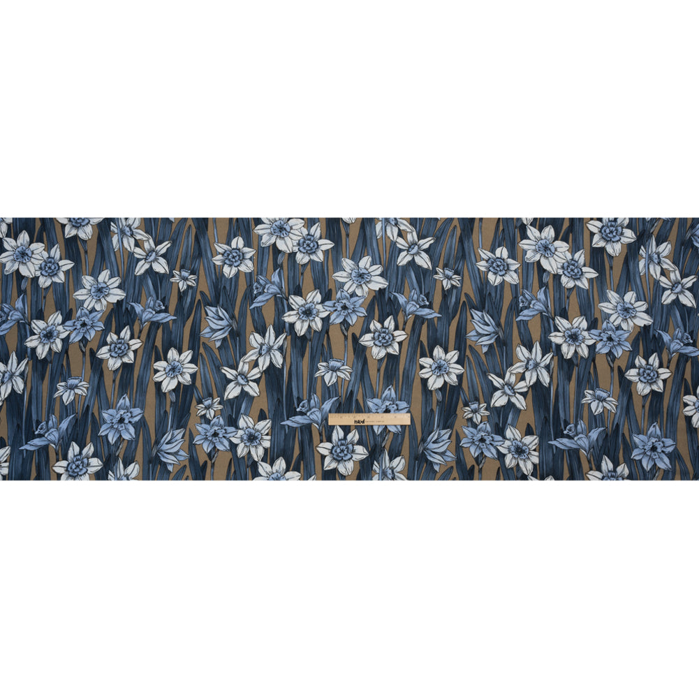 Viscose Crepe Print - Blue and Tan Floral - Mood Exclusive Drenched Daffodils Drape
