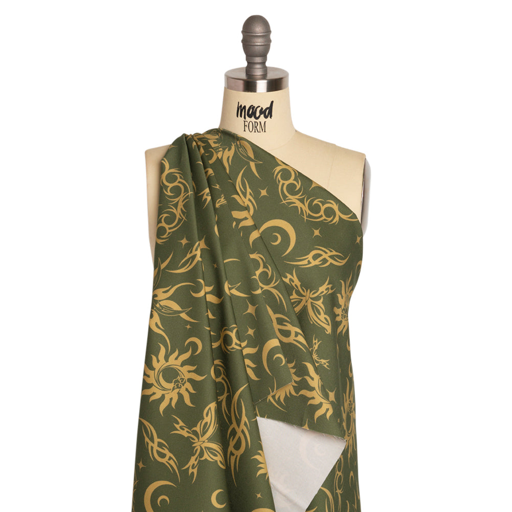 Stretch Cotton Twill Print - Green Classic Tattoo Motifs - Mood Exclusive Totally Starstruck Drape