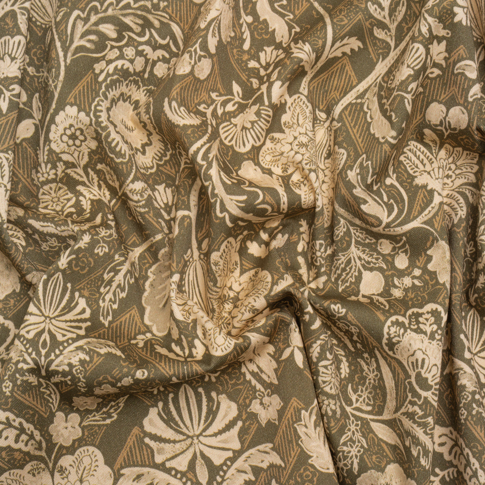 Stretch Cotton Twill Print - Moss Green and Beige Floral - Mood Exclusive Aromatic Aria