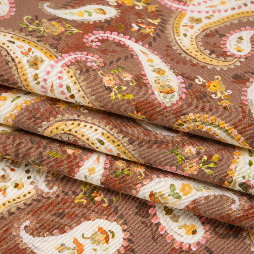 Stretch Cotton Twill Print - Rust Red and Brown Paisley - Mood Exclusive Paisley Garden Folded
