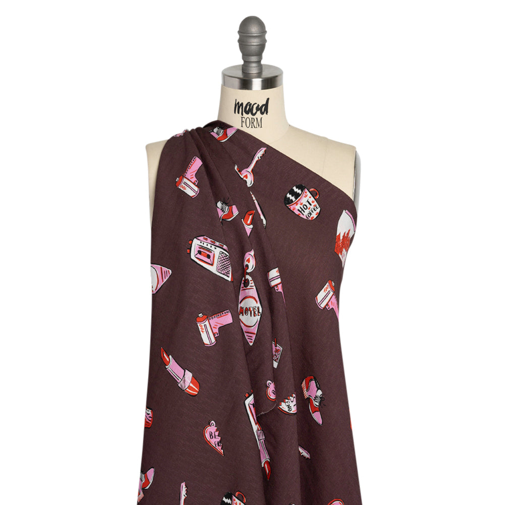 Slubbed Viscose Woven Print - Brown and Pink Small Objects - Mood Exclusive Little Lies Drape