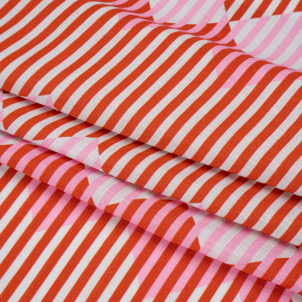 Slubbed Viscose Woven Print - Red and Pink Geometric Stripes - Mood Exclusive Eye Play Folded