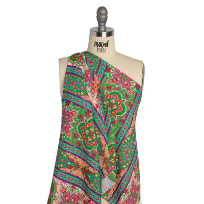 Viscose Crepe Print - Green and Pink Floral Medallion Stripes - Mood Exclusive Happy Hayday Detail