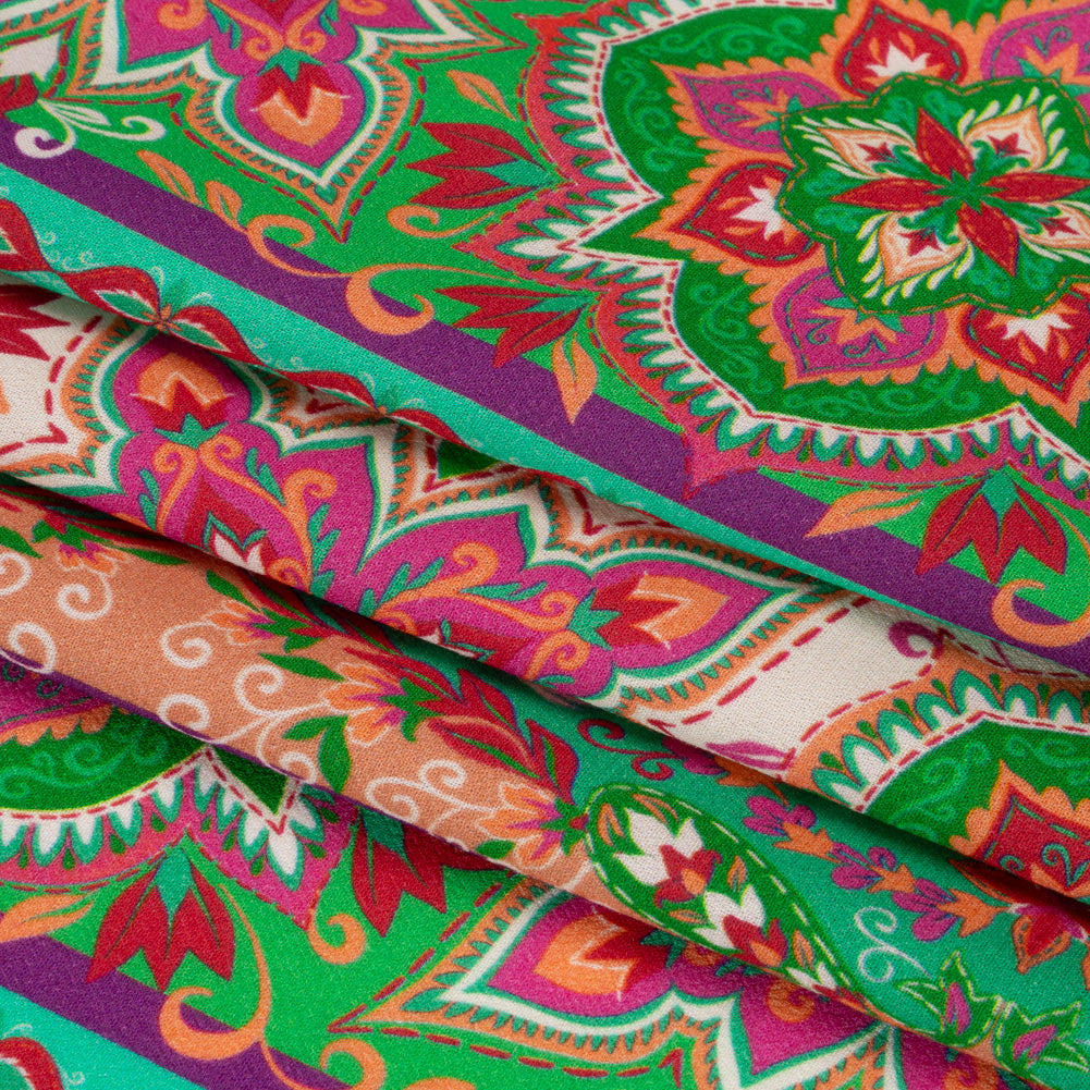 Viscose Crepe Print - Green and Pink Floral Medallion Stripes - Mood Exclusive Happy Hayday Full