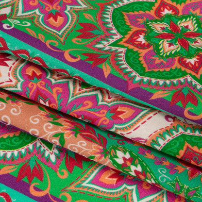 Viscose Crepe Print - Green and Pink Floral Medallion Stripes - Mood Exclusive Happy Hayday Full