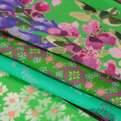 Viscose Crepe Print - Green, Turquoise and Purple Floral and Paisley Stripes - Mood Exclusive April in Patterns