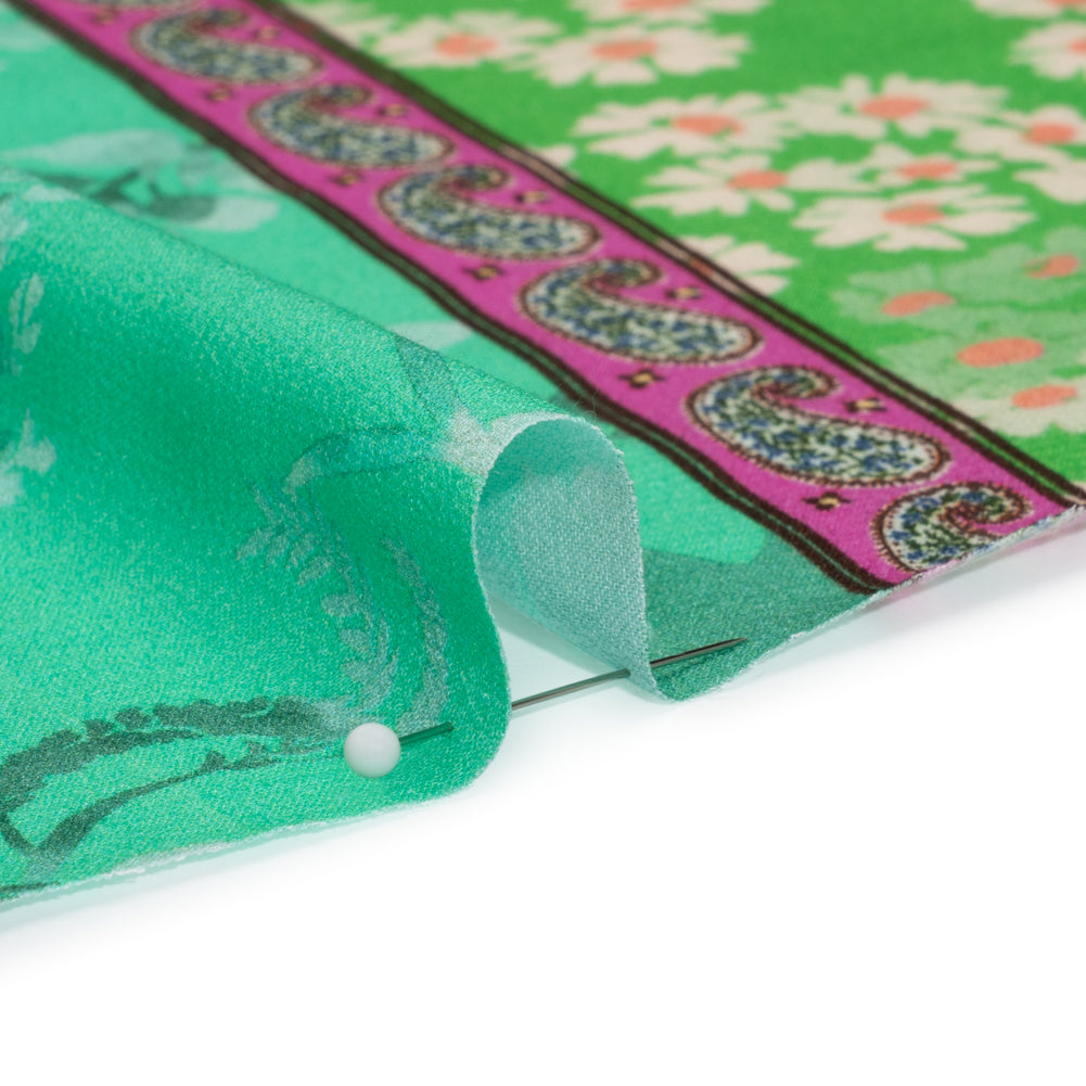 Viscose Crepe Print - Green, Turquoise and Purple Floral and Paisley Stripes - Mood Exclusive April in Patterns