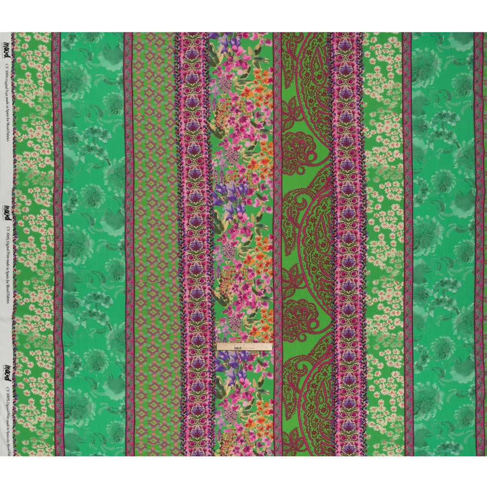 Viscose Crepe Print - Green, Turquoise and Purple Floral and Paisley Stripes - Mood Exclusive April in Patterns