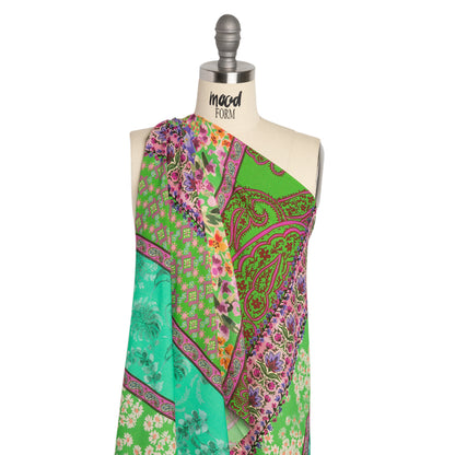 Viscose Crepe Print - Green, Turquoise and Purple Floral and Paisley Stripes - Mood Exclusive April in Patterns