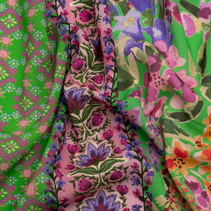 Viscose Crepe Print - Green, Turquoise and Purple Floral and Paisley Stripes - Mood Exclusive April in Patterns